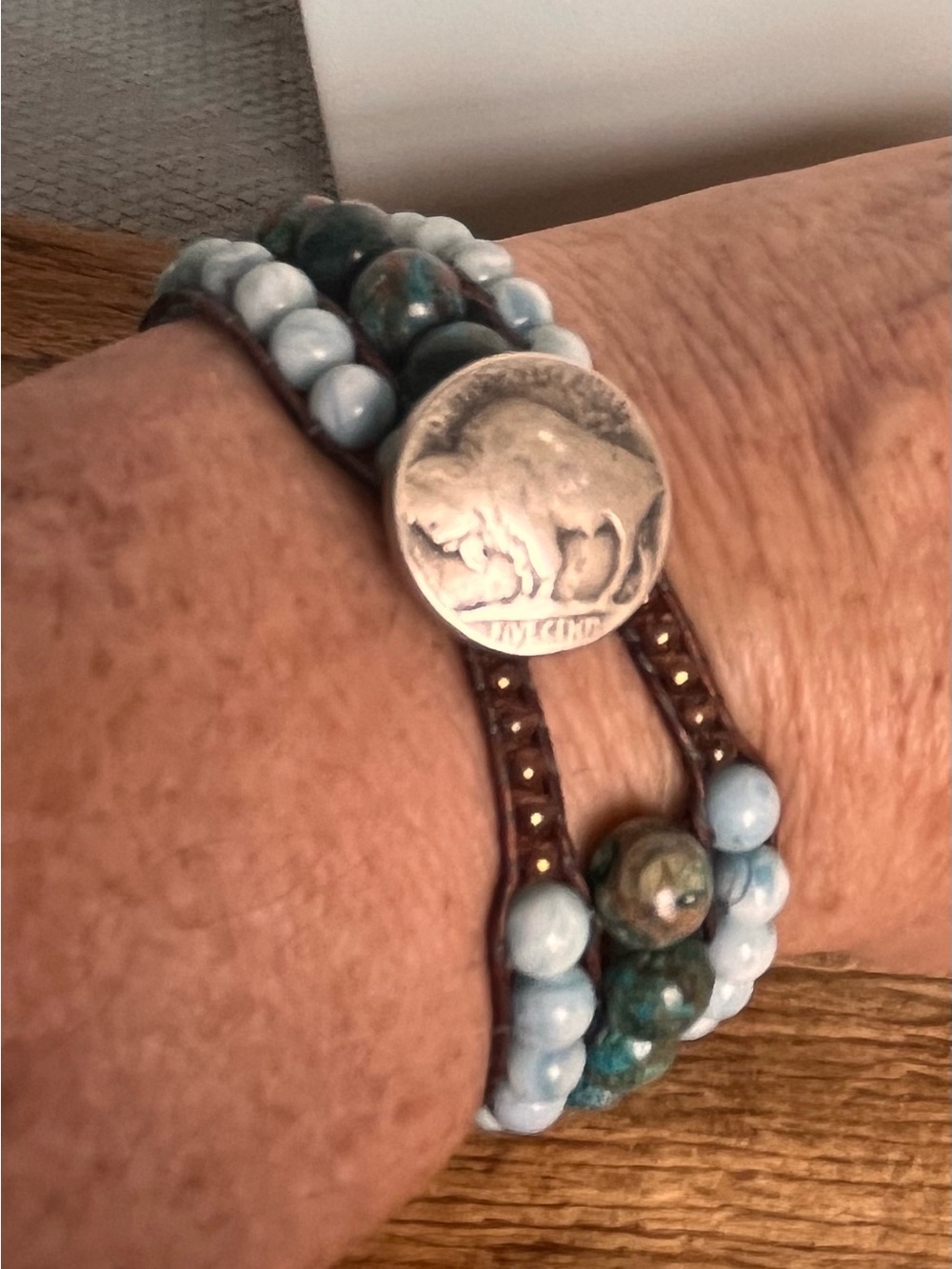 African Turquoise Larimar Leather Wrap Bracelet Buffalo Coin Artisan 7.5”